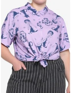 HUNIVERS Coraline Doll & Cat Tonal Woven Button-Up Plus Size