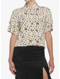 HUNIVERS Mushroom Frog Crop Woven Button-Up