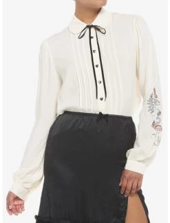 HUNIVERS Mushroom Foliage Cottagecore Woven Long-Sleeve Top