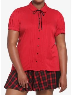 HUNIVERS Red Peter Pan Collar Woven Button-Up Plus Size