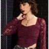 Maroon Lace Poet Long-Sleeve Crop Top