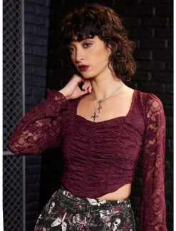 Maroon Lace Poet Long-Sleeve Crop Top